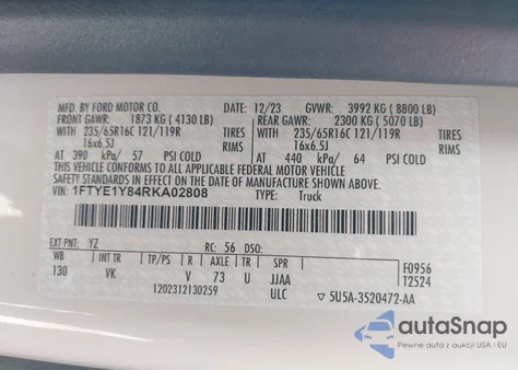 2024 Ford Transit-150 z USA, uszkodzony, nr VIN 1FTYE1Y84RKA02808